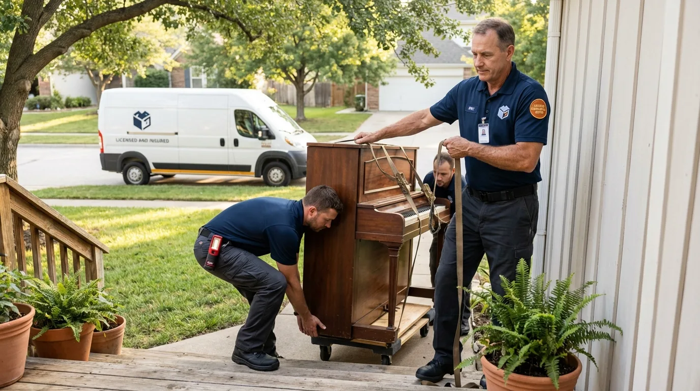 Licensed piano movers securing grand piano in Turners Falls, MA