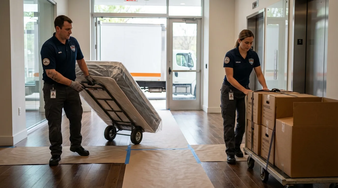 Professional apartment movers loading elevator in Turners Falls, MA